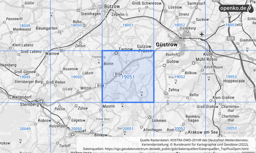 Übersichtskarte KOSTRA-DWD-2010R Rasterfeld Nr. 19051 mit angrenzenden Feldern