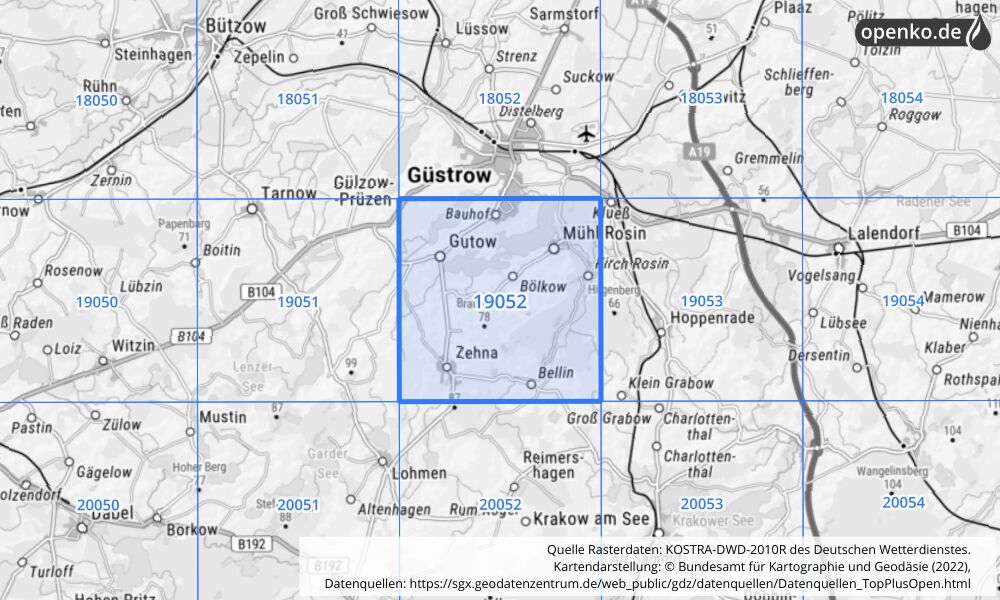 Übersichtskarte KOSTRA-DWD-2010R Rasterfeld Nr. 19052 mit angrenzenden Feldern