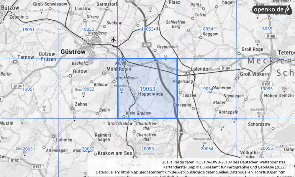 Übersichtskarte KOSTRA-DWD-2010R Rasterfeld Nr. 19053 mit angrenzenden Feldern