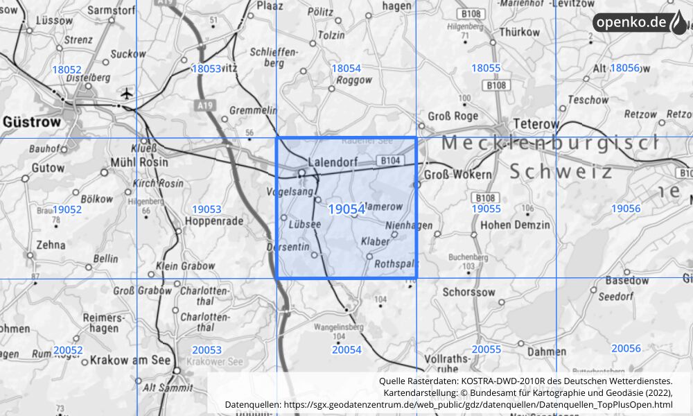 Übersichtskarte KOSTRA-DWD-2010R Rasterfeld Nr. 19054 mit angrenzenden Feldern