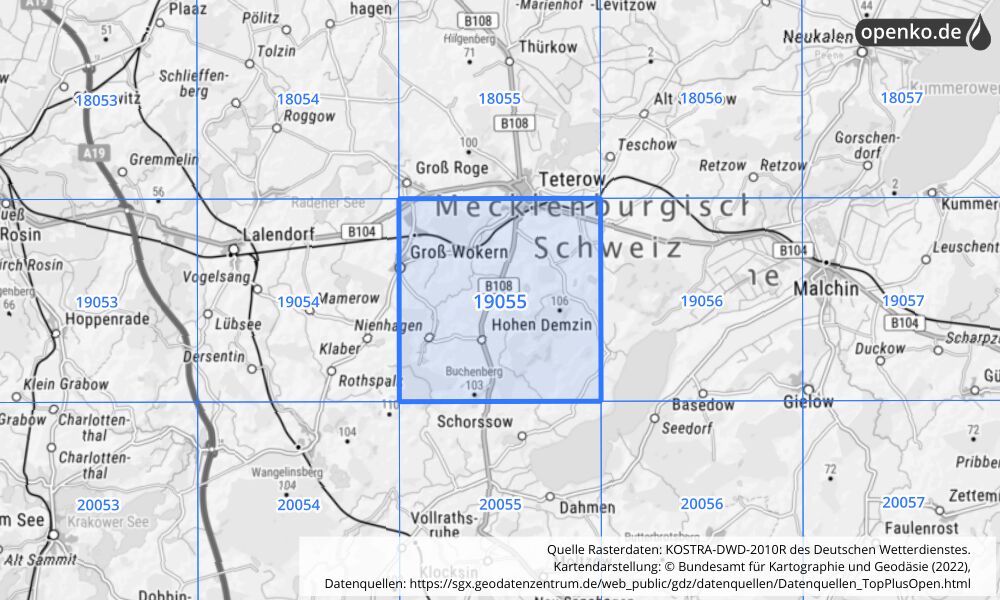 Übersichtskarte KOSTRA-DWD-2010R Rasterfeld Nr. 19055 mit angrenzenden Feldern