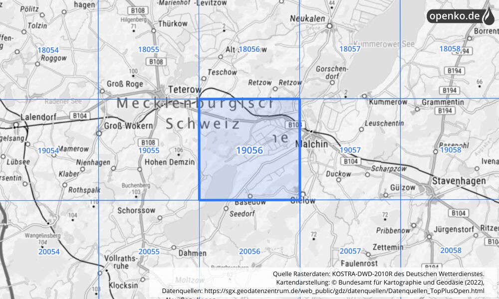 Übersichtskarte KOSTRA-DWD-2010R Rasterfeld Nr. 19056 mit angrenzenden Feldern