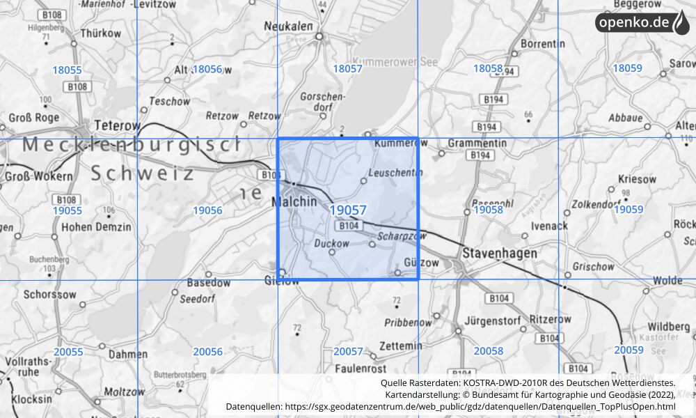 Übersichtskarte KOSTRA-DWD-2010R Rasterfeld Nr. 19057 mit angrenzenden Feldern