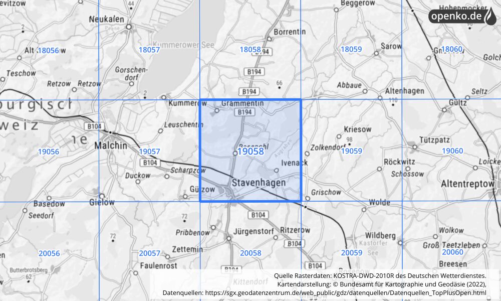 Übersichtskarte KOSTRA-DWD-2010R Rasterfeld Nr. 19058 mit angrenzenden Feldern