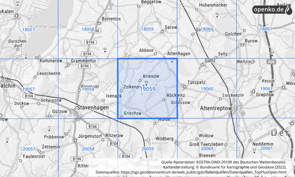 Übersichtskarte KOSTRA-DWD-2010R Rasterfeld Nr. 19059 mit angrenzenden Feldern