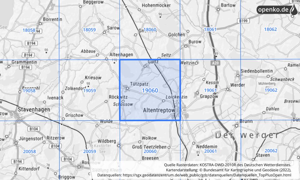 Übersichtskarte KOSTRA-DWD-2010R Rasterfeld Nr. 19060 mit angrenzenden Feldern