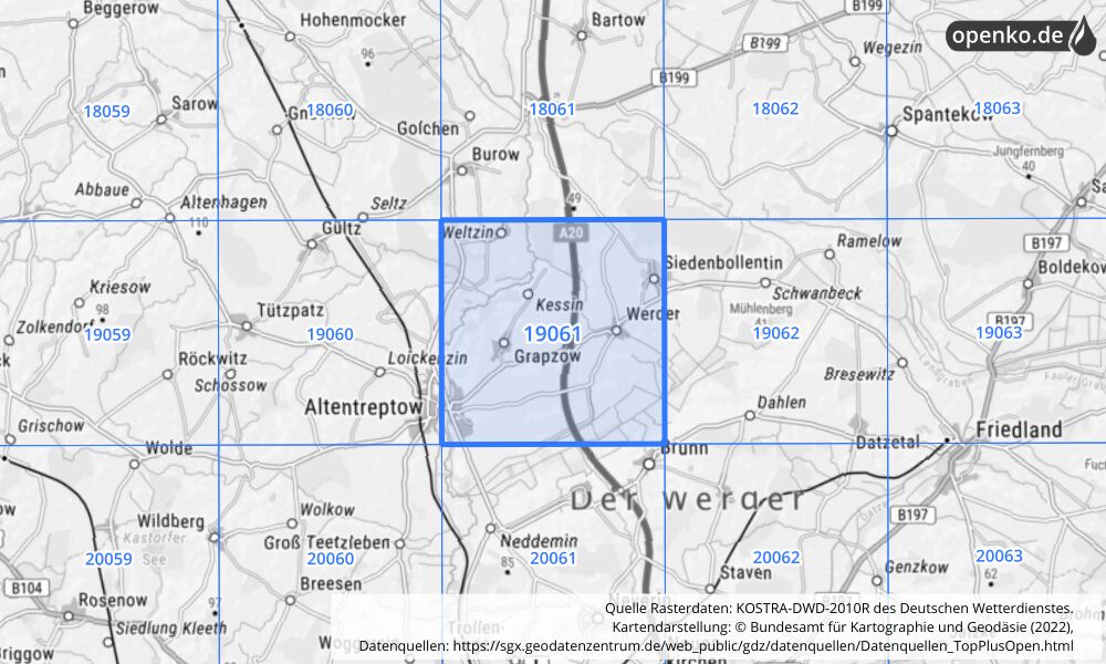 Übersichtskarte KOSTRA-DWD-2010R Rasterfeld Nr. 19061 mit angrenzenden Feldern