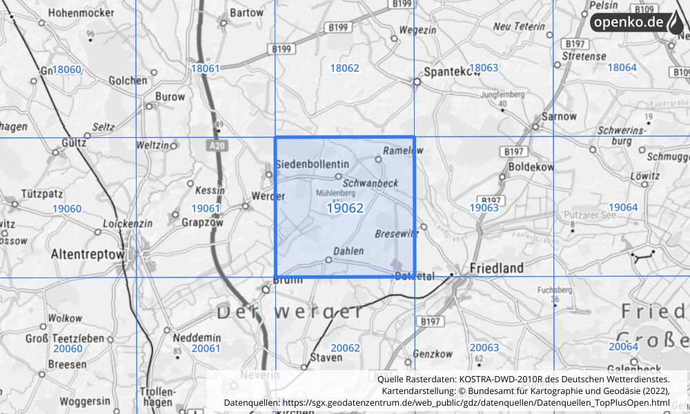 Übersichtskarte KOSTRA-DWD-2010R Rasterfeld Nr. 19062 mit angrenzenden Feldern