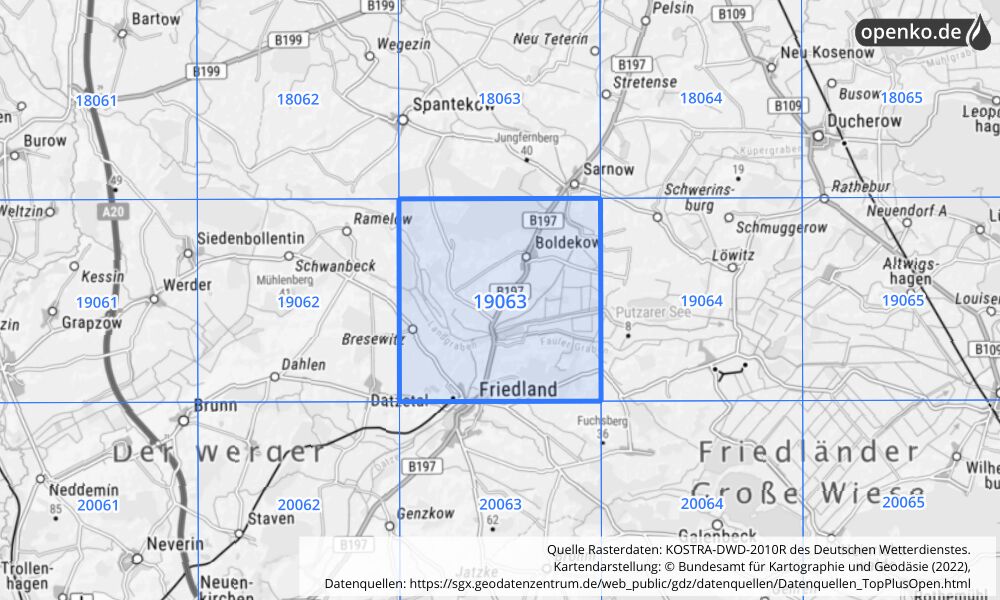 Übersichtskarte KOSTRA-DWD-2010R Rasterfeld Nr. 19063 mit angrenzenden Feldern