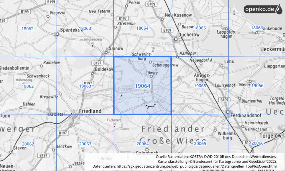 Übersichtskarte KOSTRA-DWD-2010R Rasterfeld Nr. 19064 mit angrenzenden Feldern