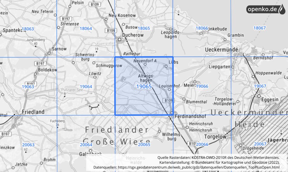 Übersichtskarte KOSTRA-DWD-2010R Rasterfeld Nr. 19065 mit angrenzenden Feldern