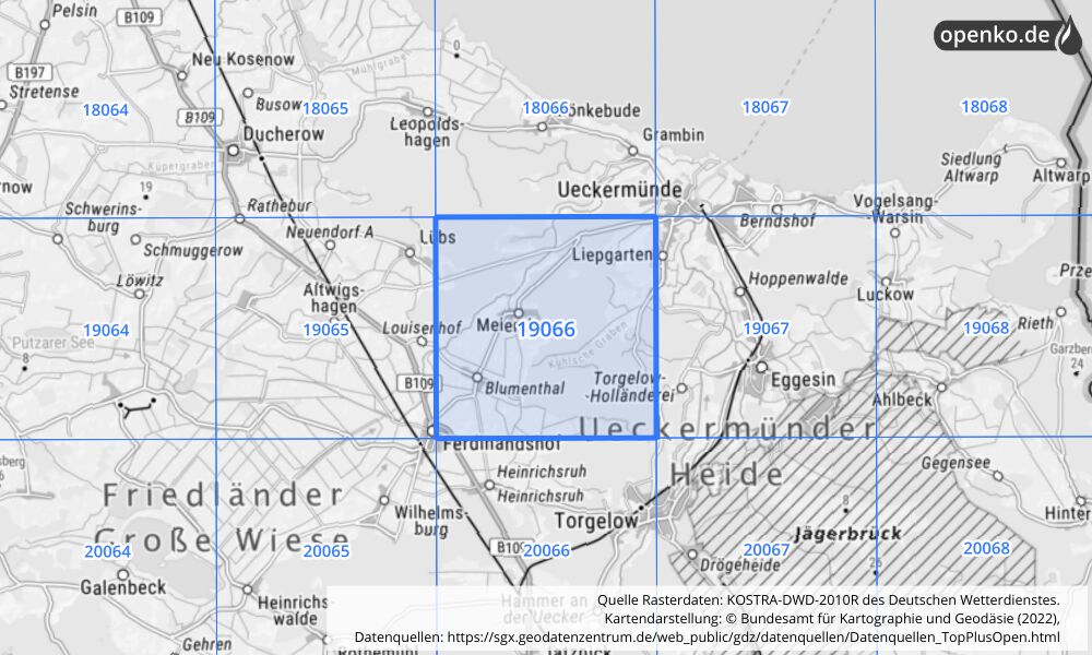 Übersichtskarte KOSTRA-DWD-2010R Rasterfeld Nr. 19066 mit angrenzenden Feldern