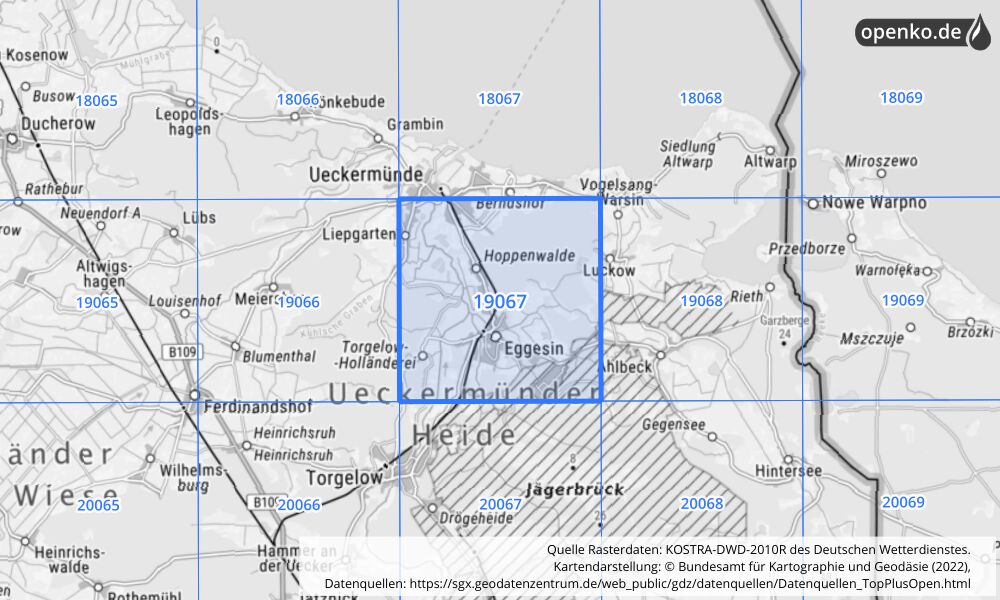 Übersichtskarte KOSTRA-DWD-2010R Rasterfeld Nr. 19067 mit angrenzenden Feldern