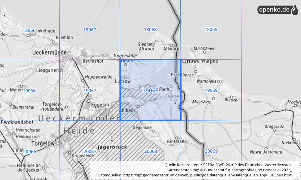 Übersichtskarte KOSTRA-DWD-2010R Rasterfeld Nr. 19068 mit angrenzenden Feldern