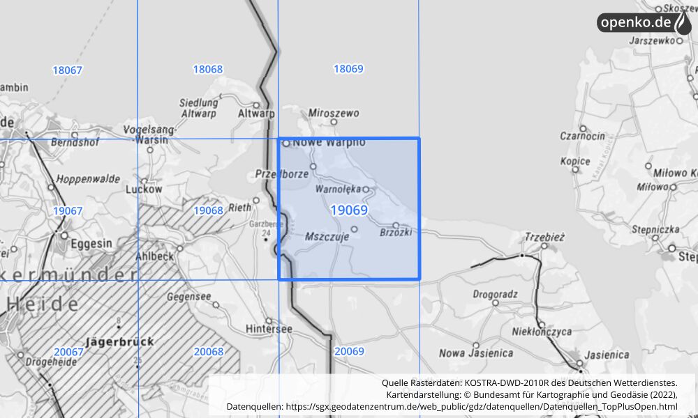 Übersichtskarte KOSTRA-DWD-2010R Rasterfeld Nr. 19069 mit angrenzenden Feldern