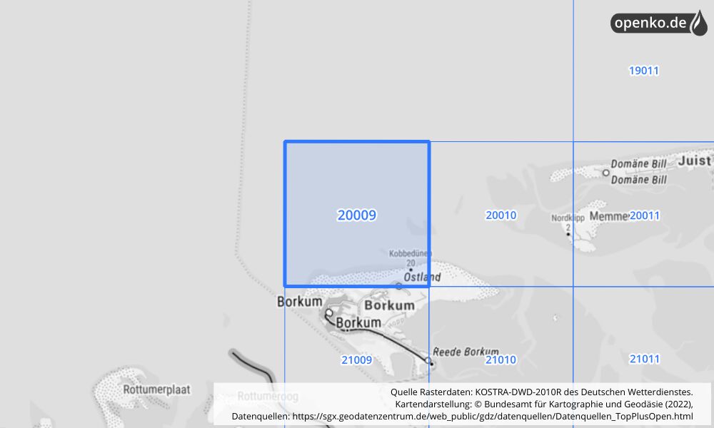 Übersichtskarte KOSTRA-DWD-2010R Rasterfeld Nr. 20009 mit angrenzenden Feldern