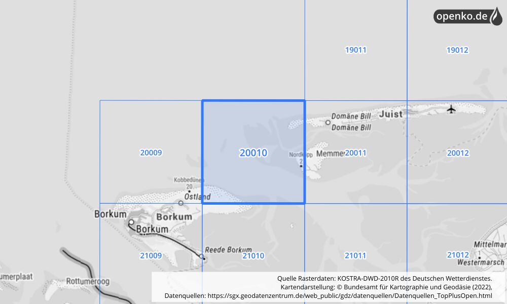 Übersichtskarte KOSTRA-DWD-2010R Rasterfeld Nr. 20010 mit angrenzenden Feldern