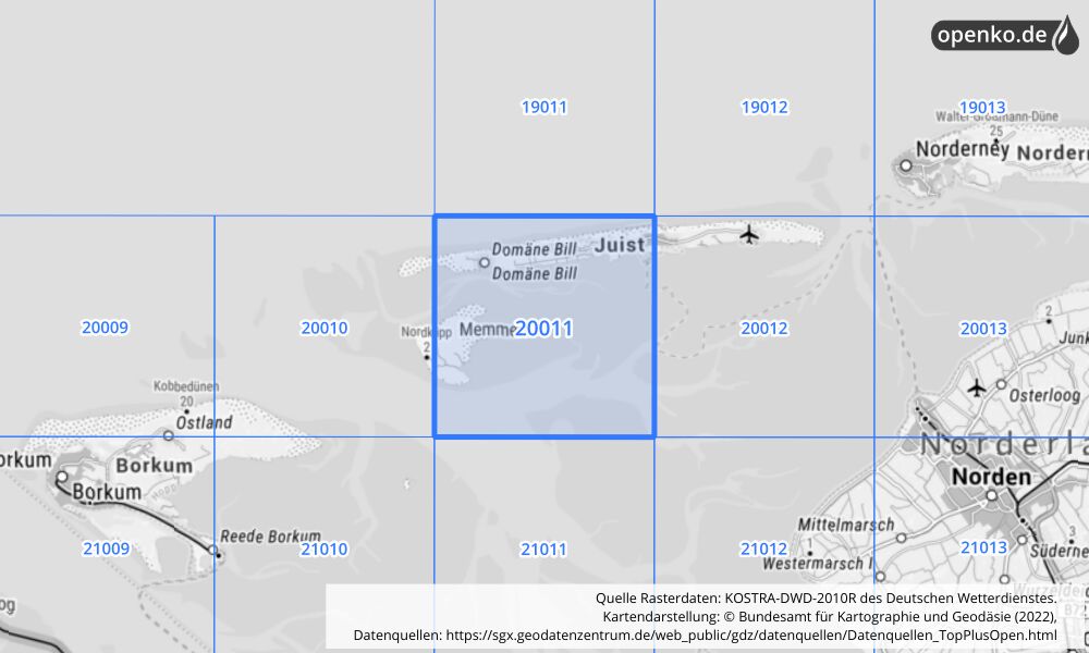Übersichtskarte KOSTRA-DWD-2010R Rasterfeld Nr. 20011 mit angrenzenden Feldern