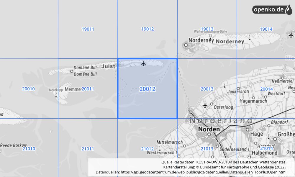 Übersichtskarte KOSTRA-DWD-2010R Rasterfeld Nr. 20012 mit angrenzenden Feldern