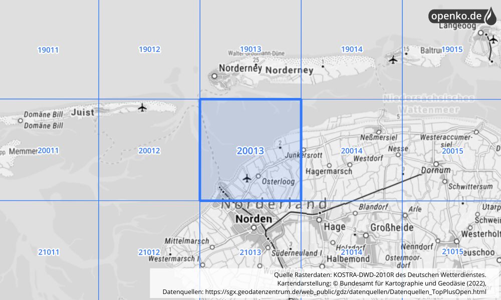 Übersichtskarte KOSTRA-DWD-2010R Rasterfeld Nr. 20013 mit angrenzenden Feldern