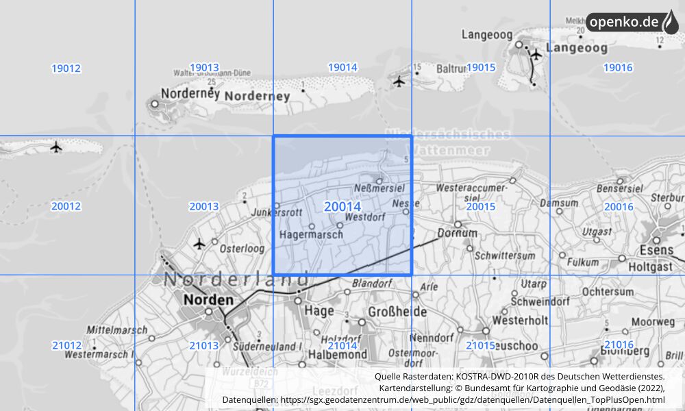 Übersichtskarte KOSTRA-DWD-2010R Rasterfeld Nr. 20014 mit angrenzenden Feldern