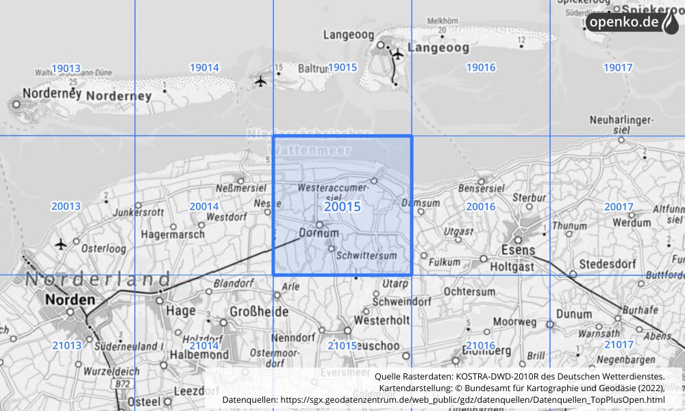 Übersichtskarte KOSTRA-DWD-2010R Rasterfeld Nr. 20015 mit angrenzenden Feldern