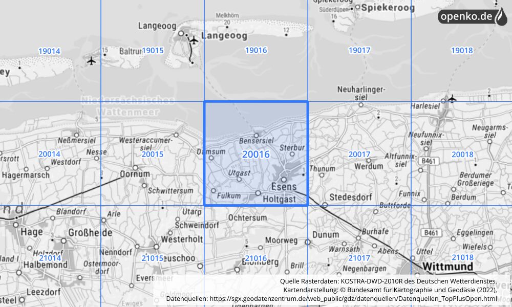 Übersichtskarte KOSTRA-DWD-2010R Rasterfeld Nr. 20016 mit angrenzenden Feldern