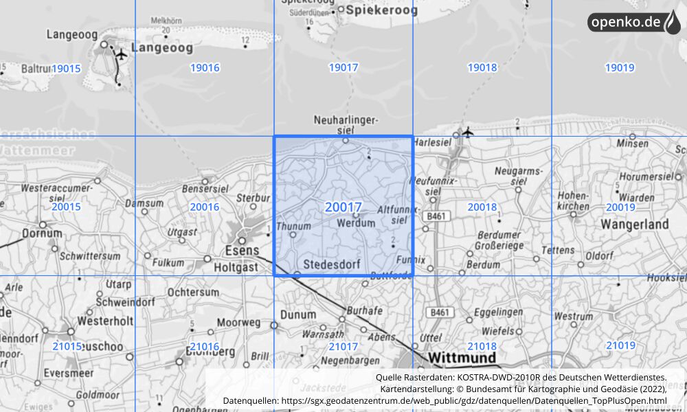 Übersichtskarte KOSTRA-DWD-2010R Rasterfeld Nr. 20017 mit angrenzenden Feldern