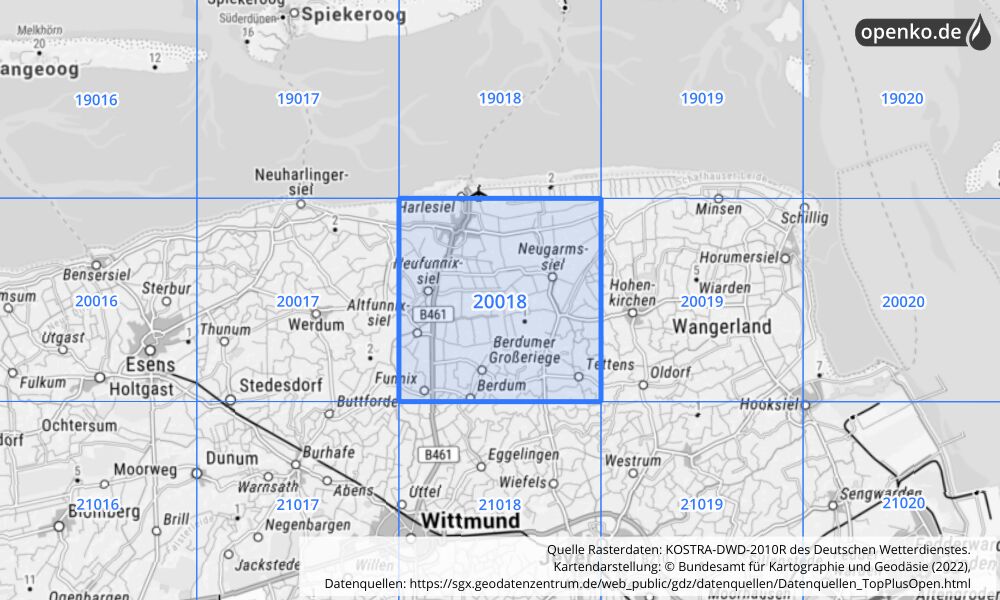 Übersichtskarte KOSTRA-DWD-2010R Rasterfeld Nr. 20018 mit angrenzenden Feldern