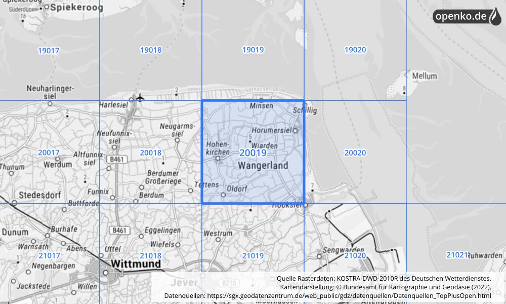 Übersichtskarte KOSTRA-DWD-2010R Rasterfeld Nr. 20019 mit angrenzenden Feldern