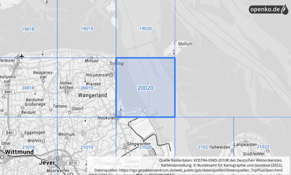 Übersichtskarte KOSTRA-DWD-2010R Rasterfeld Nr. 20020 mit angrenzenden Feldern
