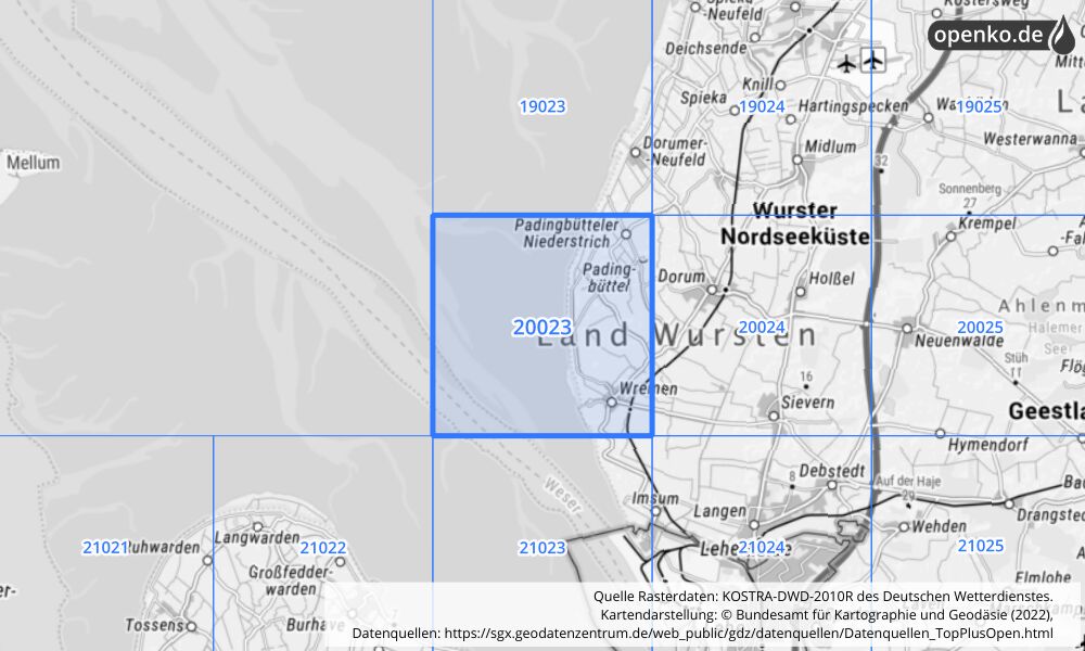 Übersichtskarte KOSTRA-DWD-2010R Rasterfeld Nr. 20023 mit angrenzenden Feldern