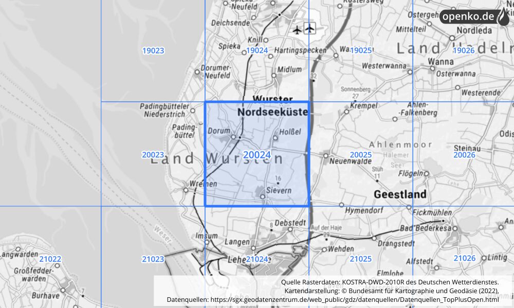 Übersichtskarte KOSTRA-DWD-2010R Rasterfeld Nr. 20024 mit angrenzenden Feldern