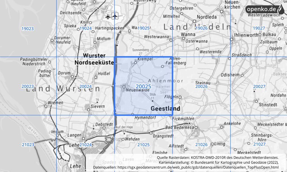 Übersichtskarte KOSTRA-DWD-2010R Rasterfeld Nr. 20025 mit angrenzenden Feldern