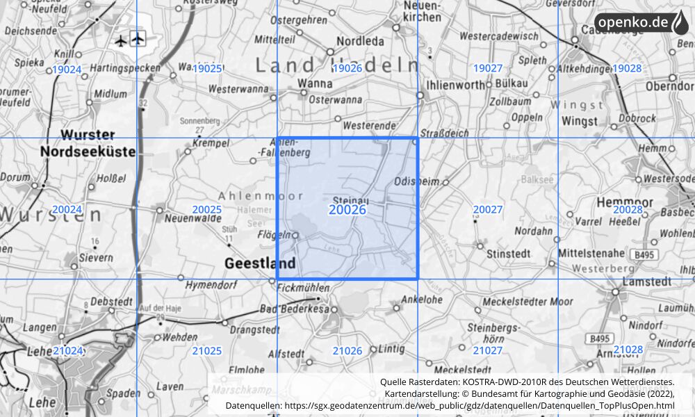 Übersichtskarte KOSTRA-DWD-2010R Rasterfeld Nr. 20026 mit angrenzenden Feldern