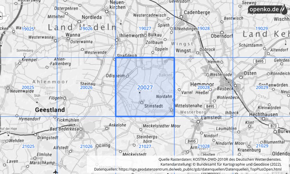 Übersichtskarte KOSTRA-DWD-2010R Rasterfeld Nr. 20027 mit angrenzenden Feldern