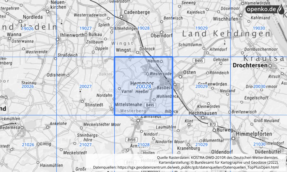 Übersichtskarte KOSTRA-DWD-2010R Rasterfeld Nr. 20028 mit angrenzenden Feldern