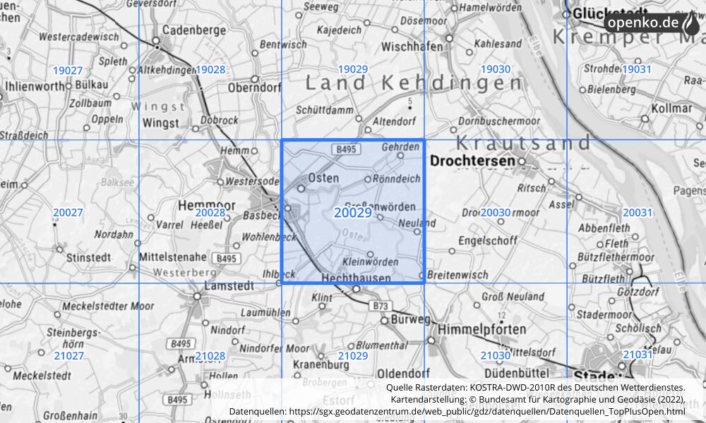 Übersichtskarte KOSTRA-DWD-2010R Rasterfeld Nr. 20029 mit angrenzenden Feldern