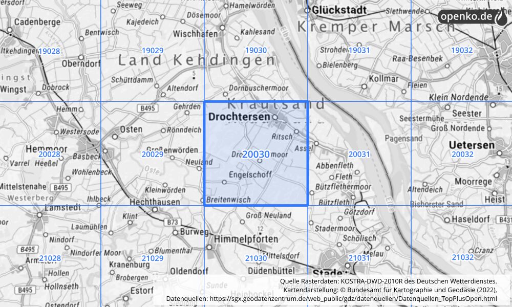 Übersichtskarte KOSTRA-DWD-2010R Rasterfeld Nr. 20030 mit angrenzenden Feldern