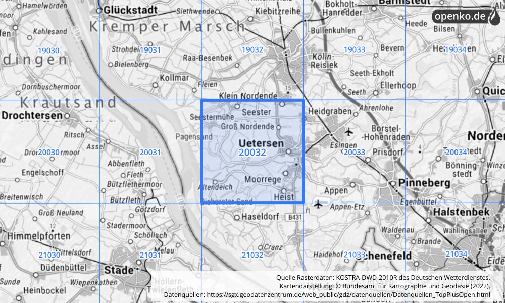 Übersichtskarte KOSTRA-DWD-2010R Rasterfeld Nr. 20032 mit angrenzenden Feldern