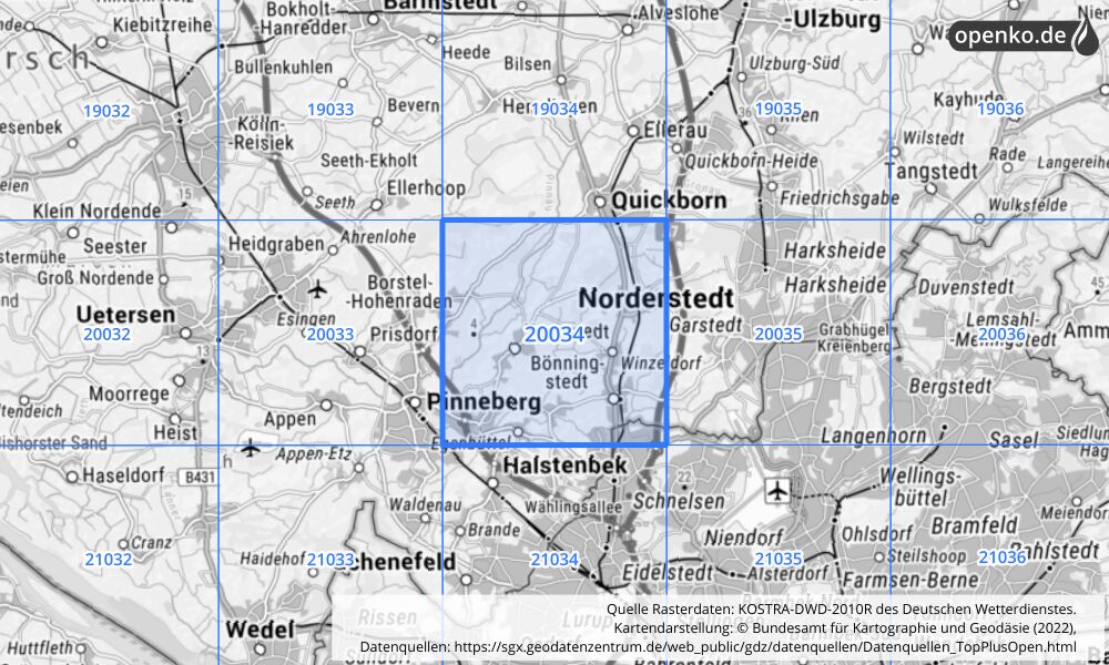 Übersichtskarte KOSTRA-DWD-2010R Rasterfeld Nr. 20034 mit angrenzenden Feldern