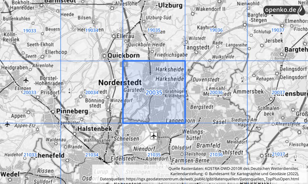 Übersichtskarte KOSTRA-DWD-2010R Rasterfeld Nr. 20035 mit angrenzenden Feldern