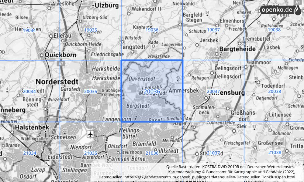 Übersichtskarte KOSTRA-DWD-2010R Rasterfeld Nr. 20036 mit angrenzenden Feldern