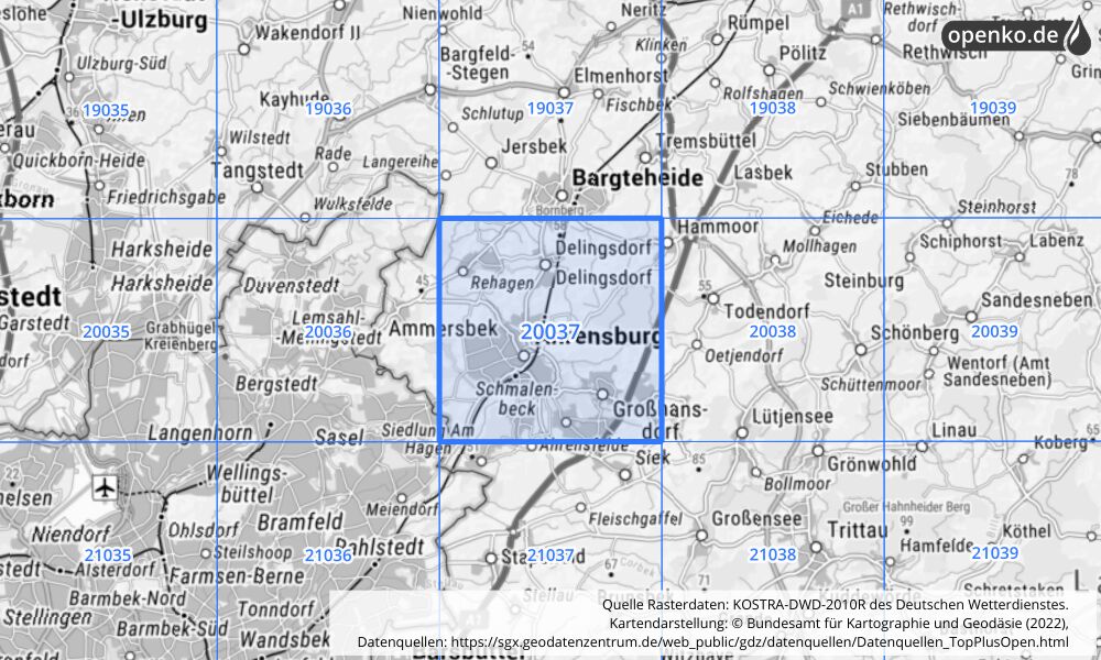Übersichtskarte KOSTRA-DWD-2010R Rasterfeld Nr. 20037 mit angrenzenden Feldern