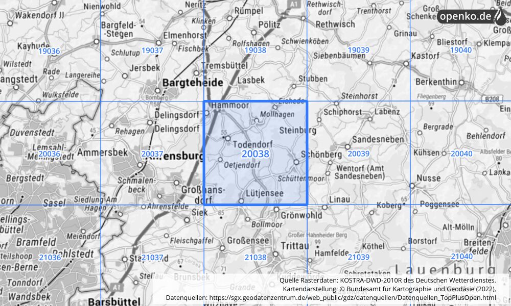 Übersichtskarte KOSTRA-DWD-2010R Rasterfeld Nr. 20038 mit angrenzenden Feldern