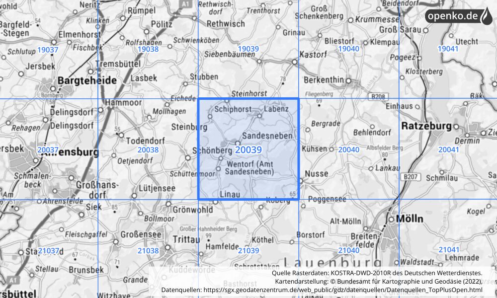 Übersichtskarte KOSTRA-DWD-2010R Rasterfeld Nr. 20039 mit angrenzenden Feldern