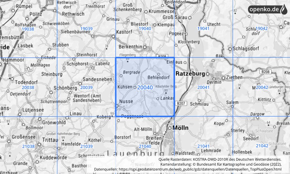 Übersichtskarte KOSTRA-DWD-2010R Rasterfeld Nr. 20040 mit angrenzenden Feldern