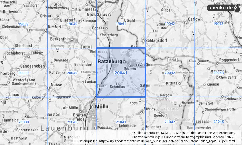 Übersichtskarte KOSTRA-DWD-2010R Rasterfeld Nr. 20041 mit angrenzenden Feldern