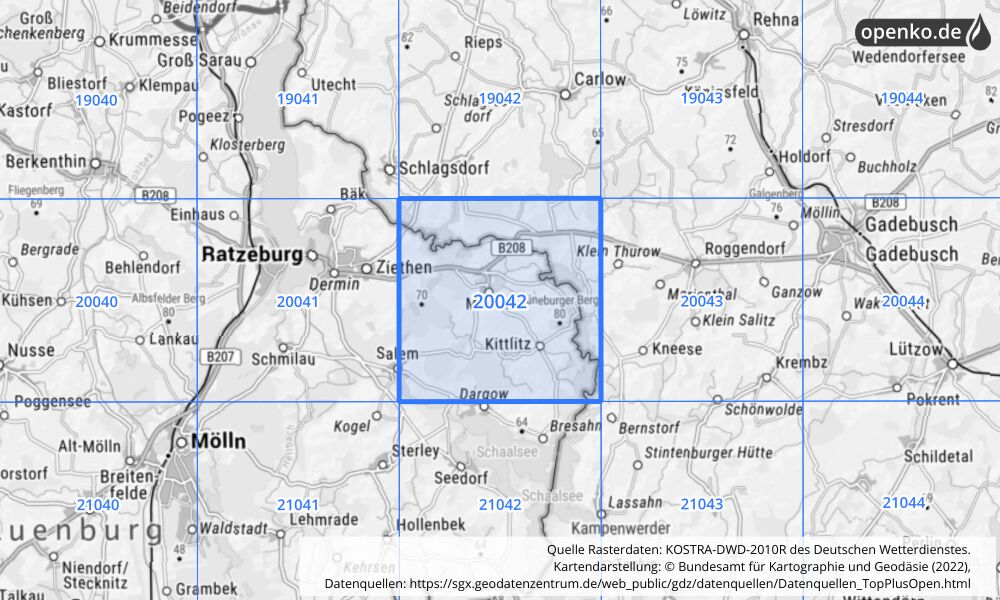Übersichtskarte KOSTRA-DWD-2010R Rasterfeld Nr. 20042 mit angrenzenden Feldern