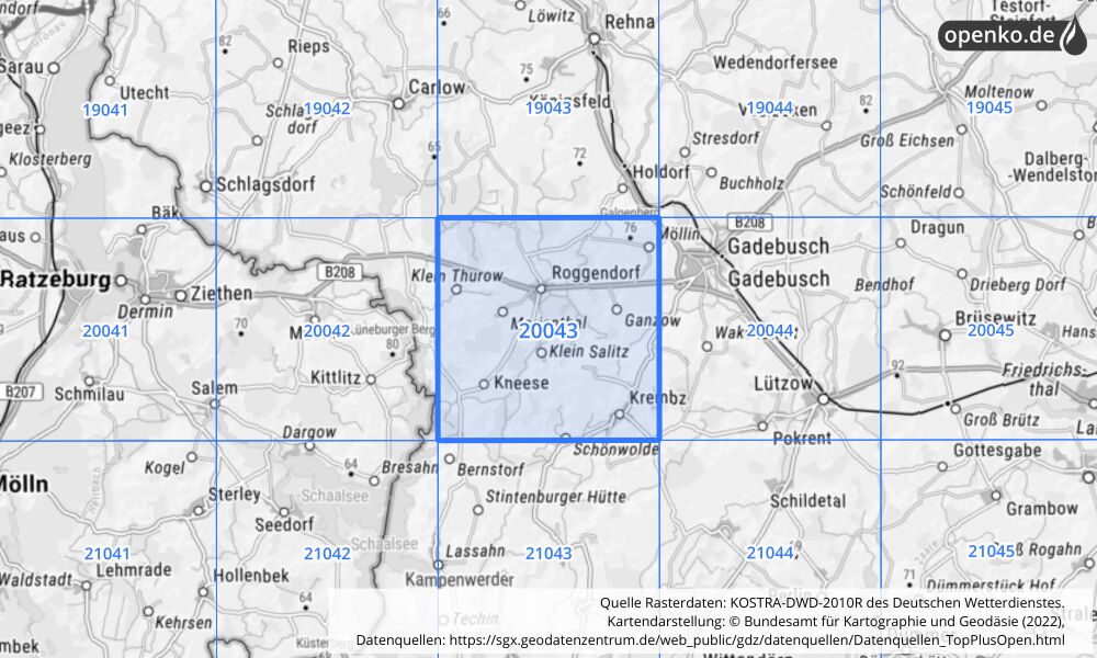 Übersichtskarte KOSTRA-DWD-2010R Rasterfeld Nr. 20043 mit angrenzenden Feldern